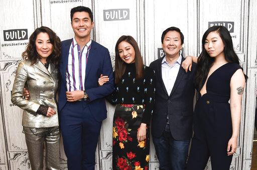 Actors Michelle Yeoh, left, Henry Golding, Constance Wu, Ken Jeong and Awkwafina participate in the BUILD Speaker Series to discuss the film