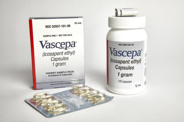 This undated photo provided by Amarin in November 2018 shows capsules and packaging for the purified, prescription fish oil Vascepa. Although fish oil taken by healthy people, at a dose found in many supplements, showed no clear ability to lower heart or cancer risks, higher amounts of a purified, prescription fish oil, such as Vascepa, slashed heart problems and heart-related deaths among people with high triglycerides, a type of fat in the blood, and other risks for heart disease. [Photo: AP/Amarin]